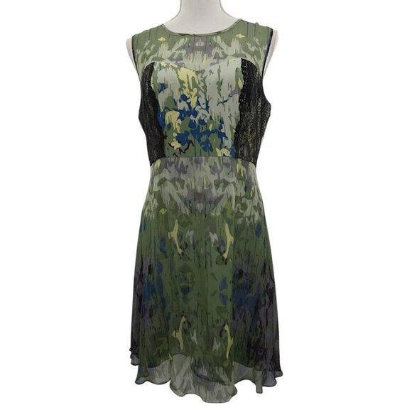 Vessel by Timo  Flowy 100% Silk Green Abstract Print Lace Inset Dress Size 12 - Picture 1 of 12